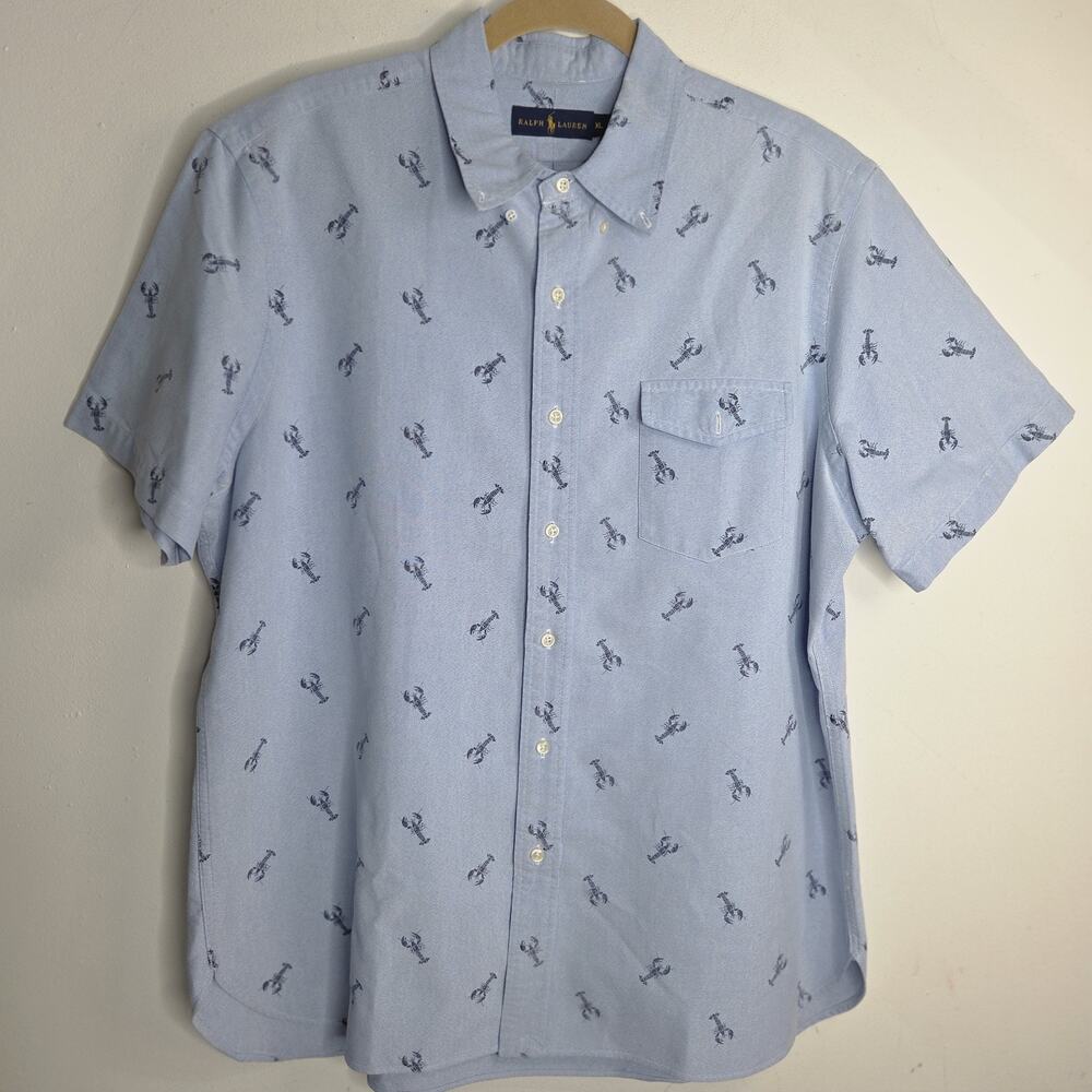 Polo Ralph Lauren XL Mens Lobster Print Shirt Blue Nautical Coastal Short Sleeve